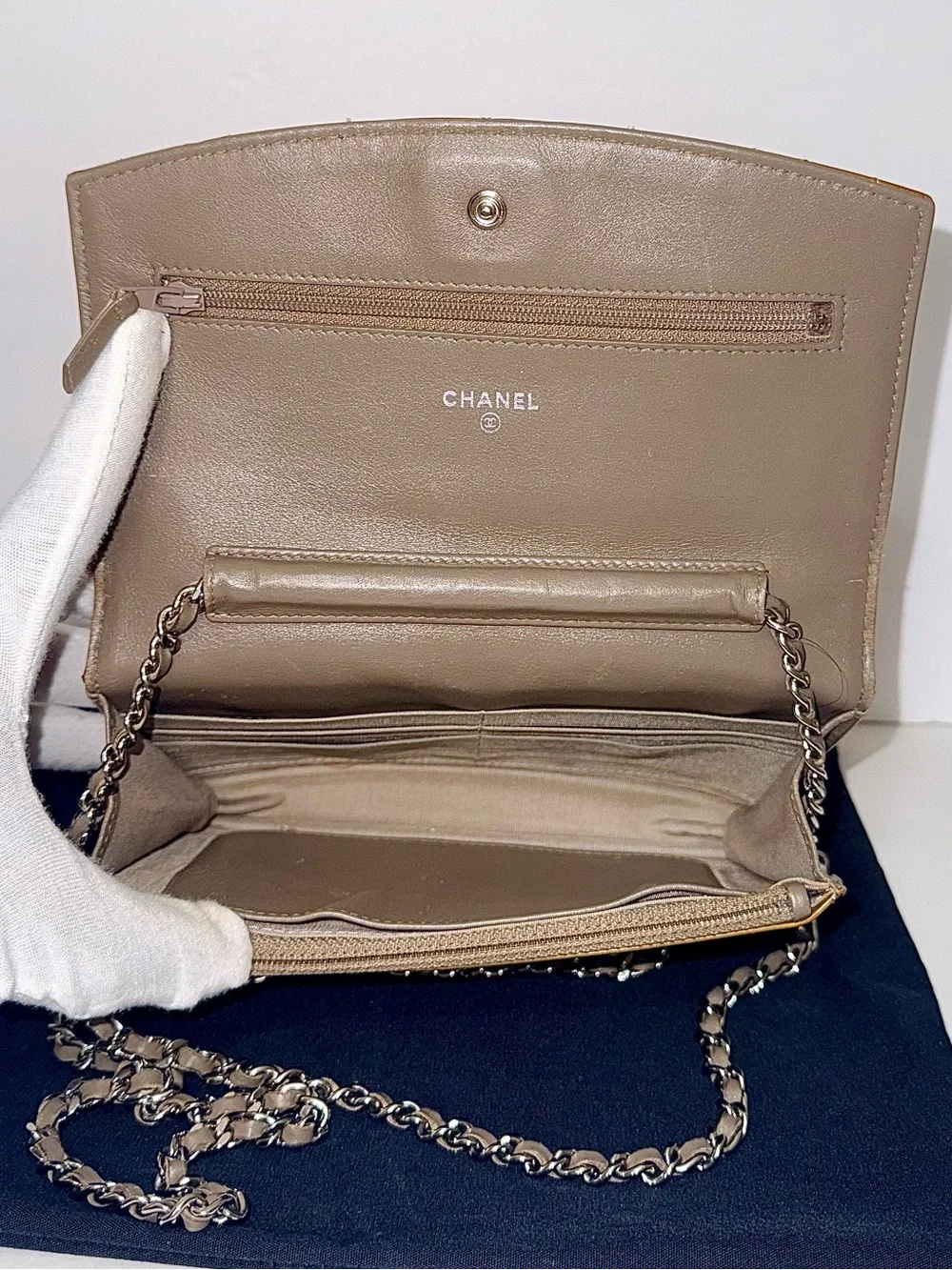 CHANEL Metallic champagne Patent Quilted WOC Silver Hardware RARE Color